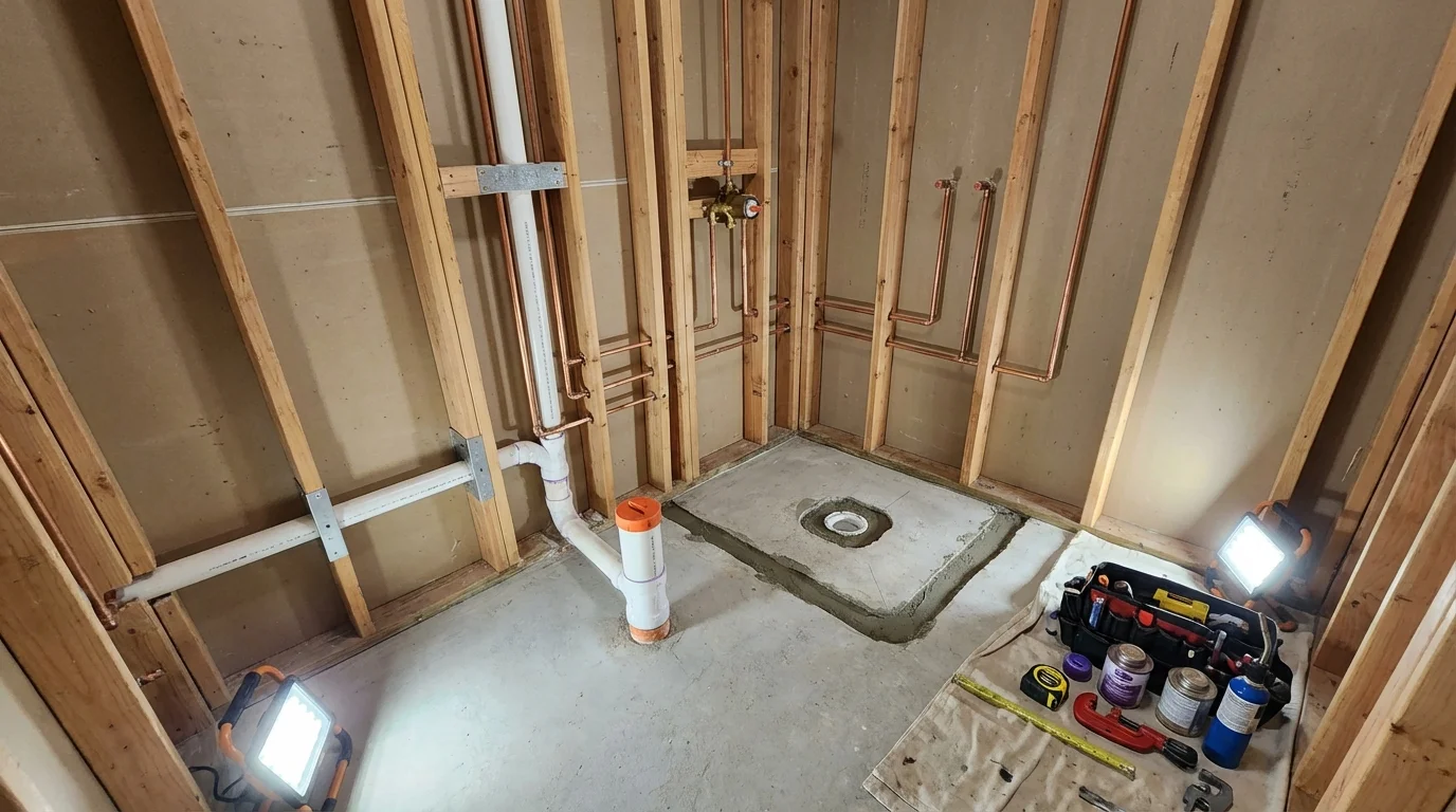 Bathroom rough-in plumbing during remodel by Johns Plumbing LLC in Maize