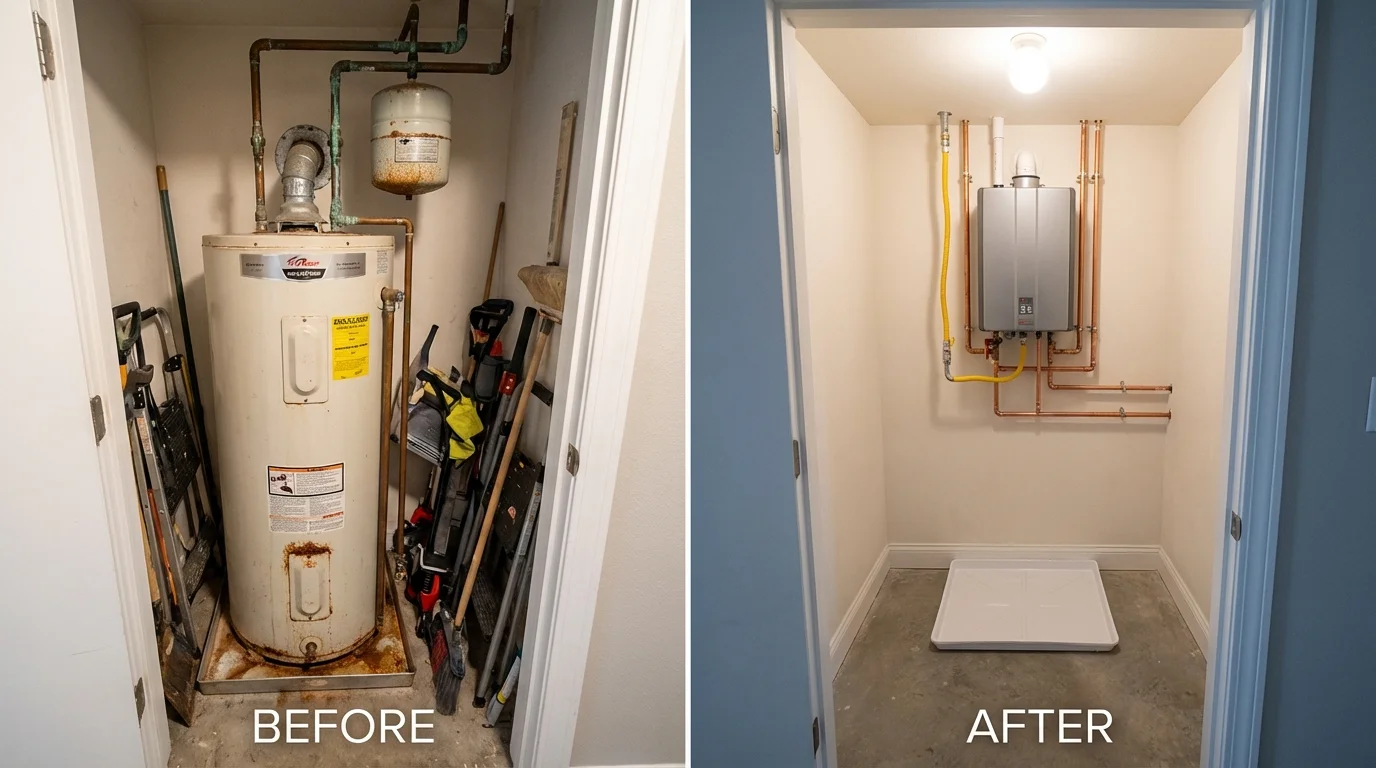 Tank water heater versus wall-mounted tankless unit comparison for Maize, KS homeowners