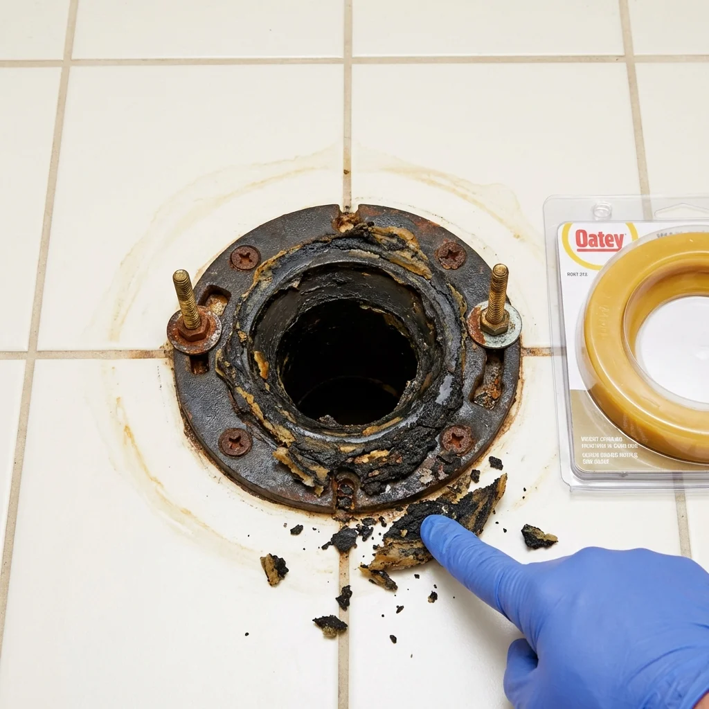 Failed wax ring showing water seepage at the base of a toilet in a Maize, KS home
