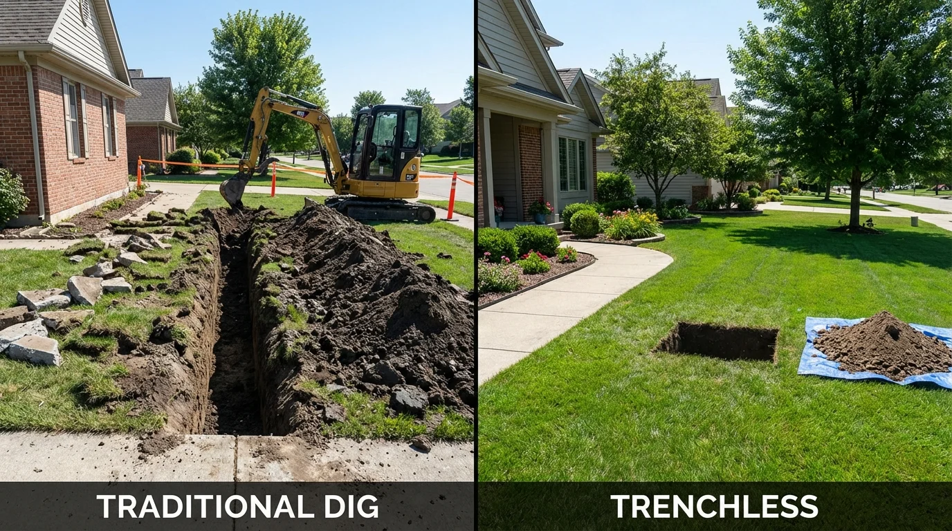 Trenchless sewer repair with minimal yard damage versus traditional excavation in Maize, KS