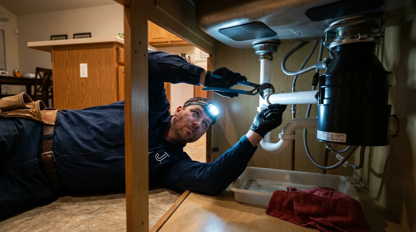 P-trap and supply line connections under a kitchen sink showing a common leak point in Maize, KS